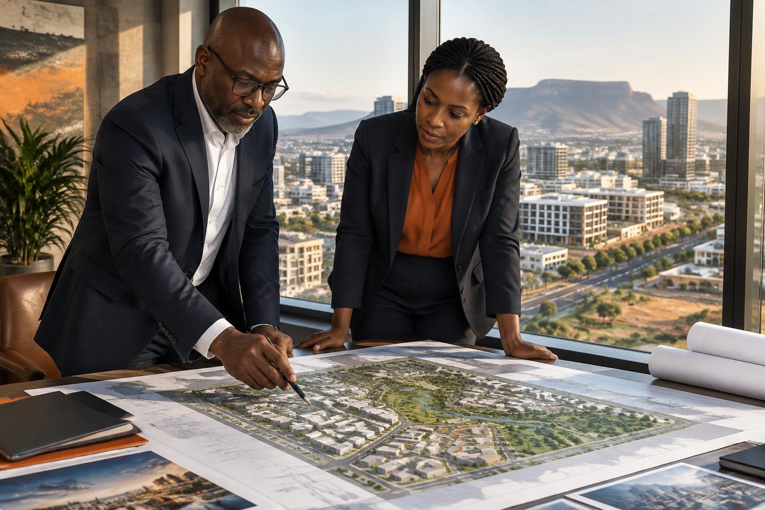 Property investment partners reviewing a masterplan