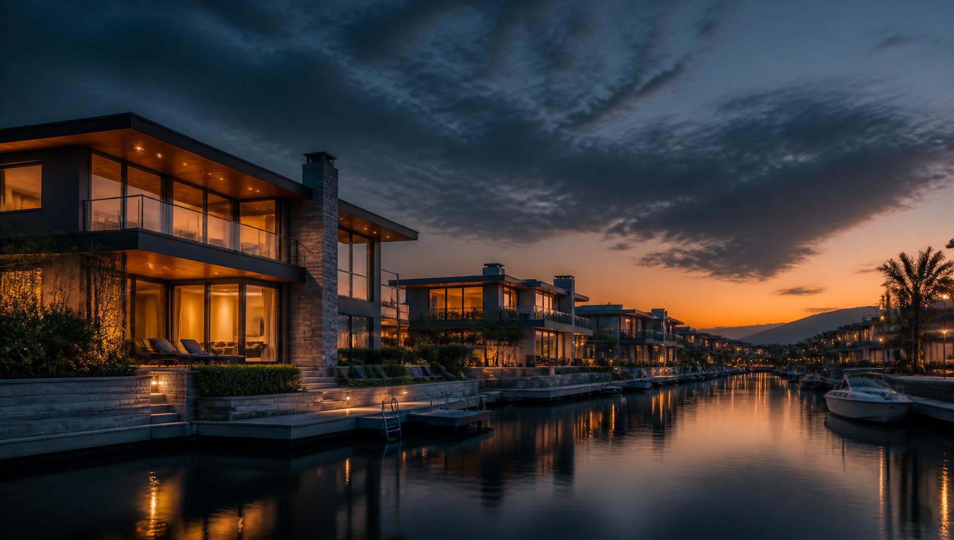 Waterfront residential development at dusk